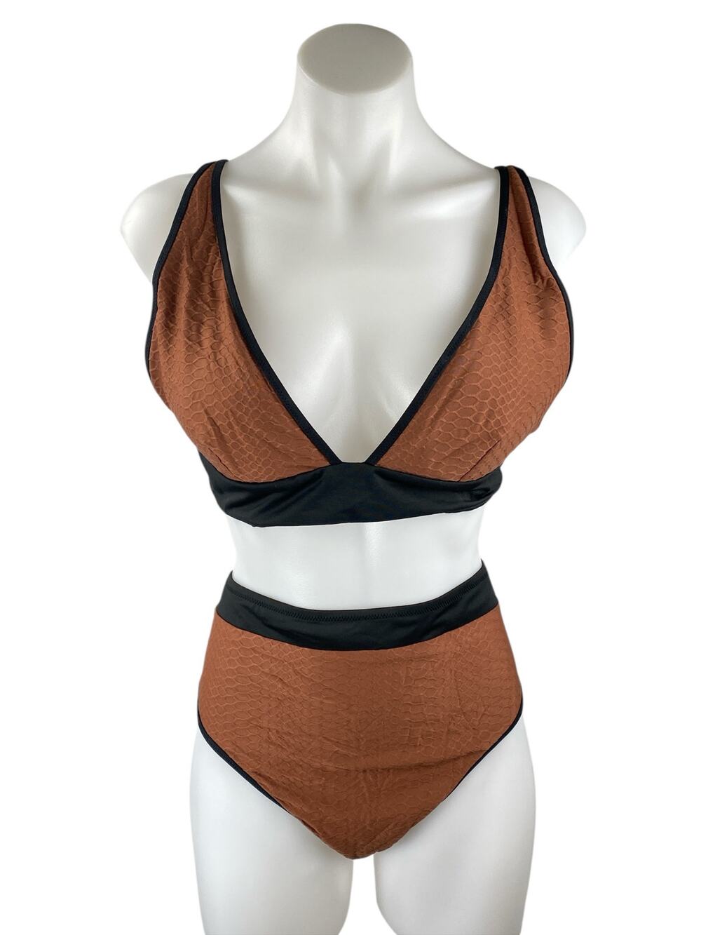 NEW Sanctuary Brown Honeycomb Triangle High Waist Two Piece Bikini Swimwear Sz L